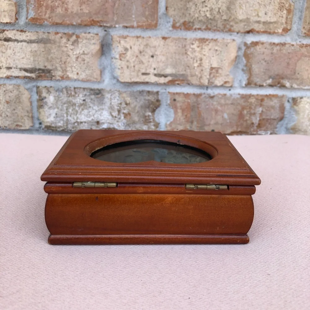 Vintage Solid Wood Small Jewelry Box, Heart Shape Etched Glass Window, Padded